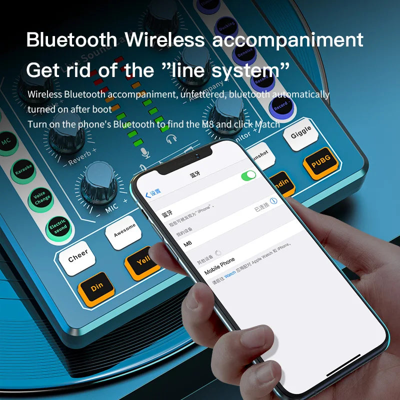 Mini Pro M8 Professional Microphone Sound Board Audio Mixer Wireless Dual Core DSP Noise Cancelling for Live Streaming DJ Mixing