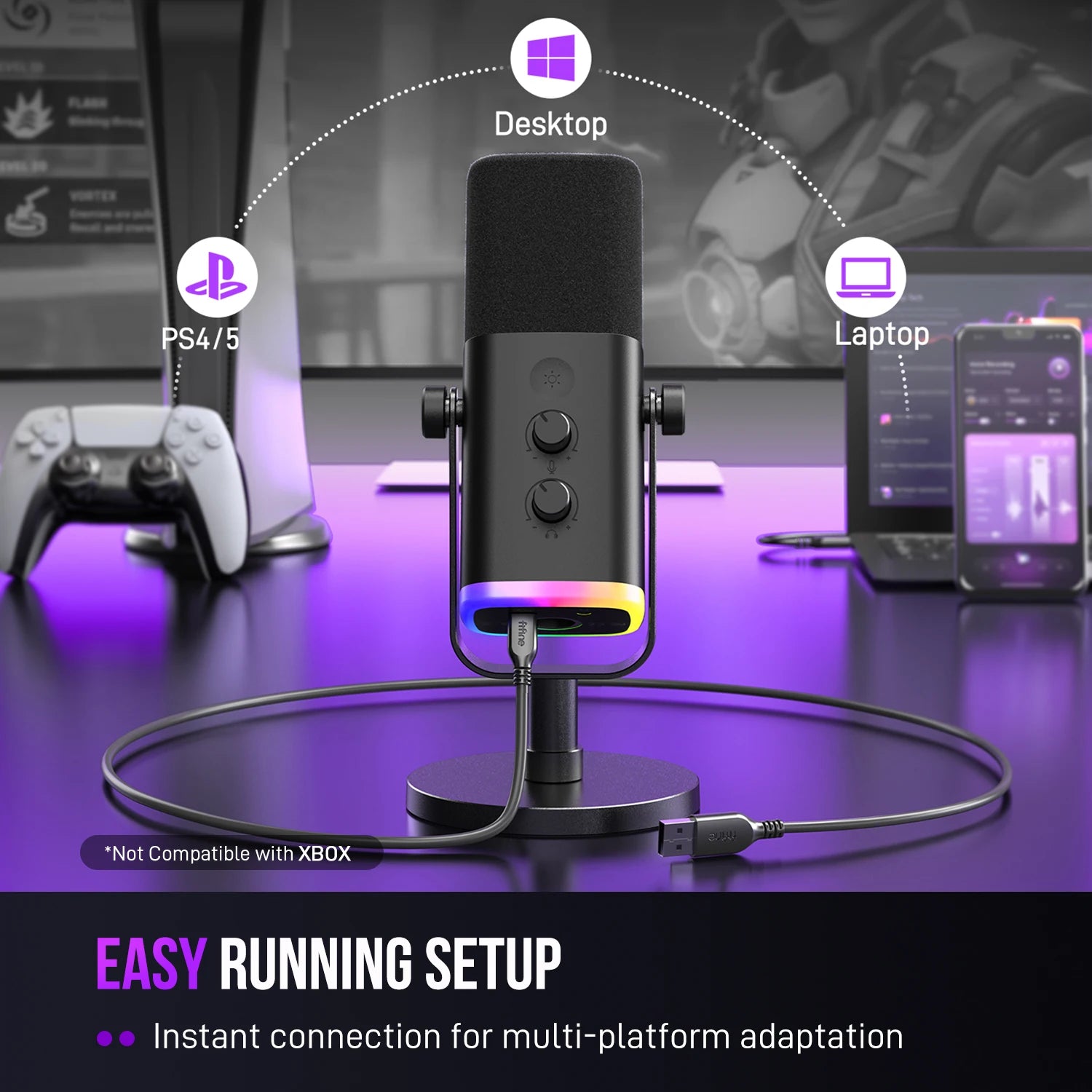 USB/XLR Dynamic Gaming Microphone – RGB, Mute & Monitor